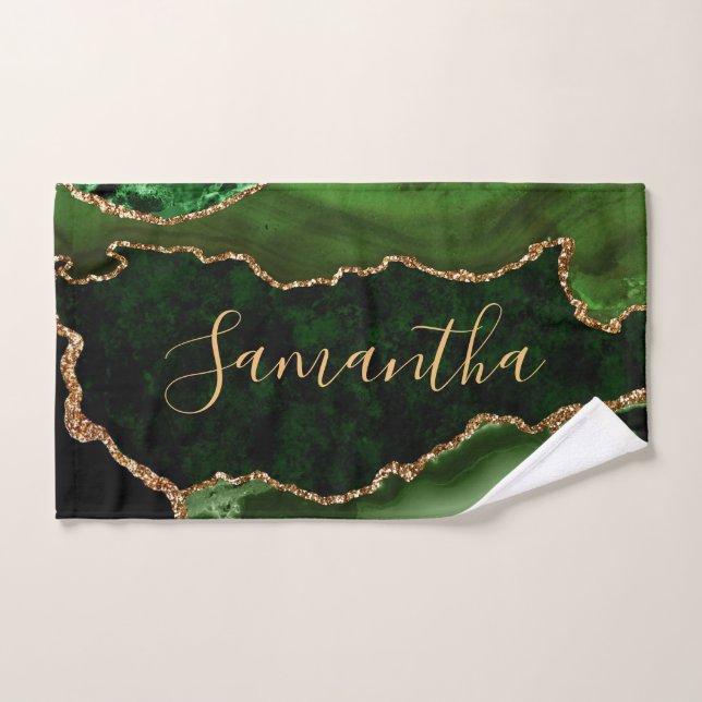 Green and Faux Gold Glitter Marble Agate Hand Towel (Hand Towel)