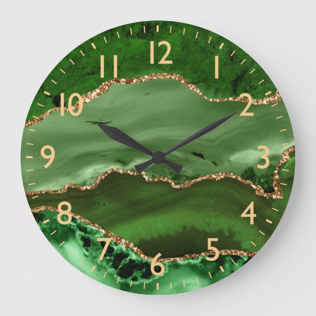 Green and Faux Gold Glitter Marble Agate Large Clock (Front)
