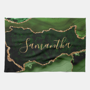 Green and Faux Gold Glitter Marble Agate Tea Towel
