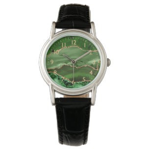 Green and Faux Gold Glitter Marble Agate Watch