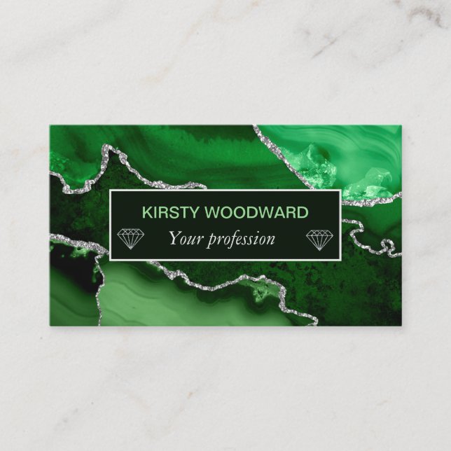 Green and Faux Silver Glitter Marble Agate Business Card (Front)