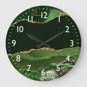 Green and Faux Silver Glitter Marble Agate Large Clock