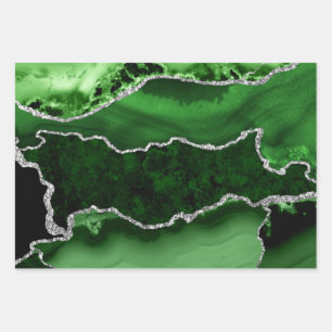 Green and Faux Silver Glitter Marble Agate Wrapping Paper Sheet