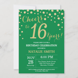 Green and Gold 16th Birthday Diamond Invitation
