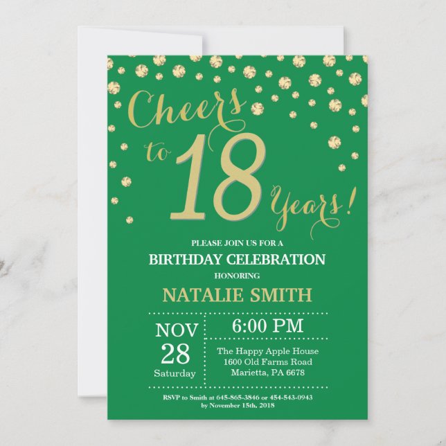 Green and Gold 18th Birthday Diamond Invitation (Front)