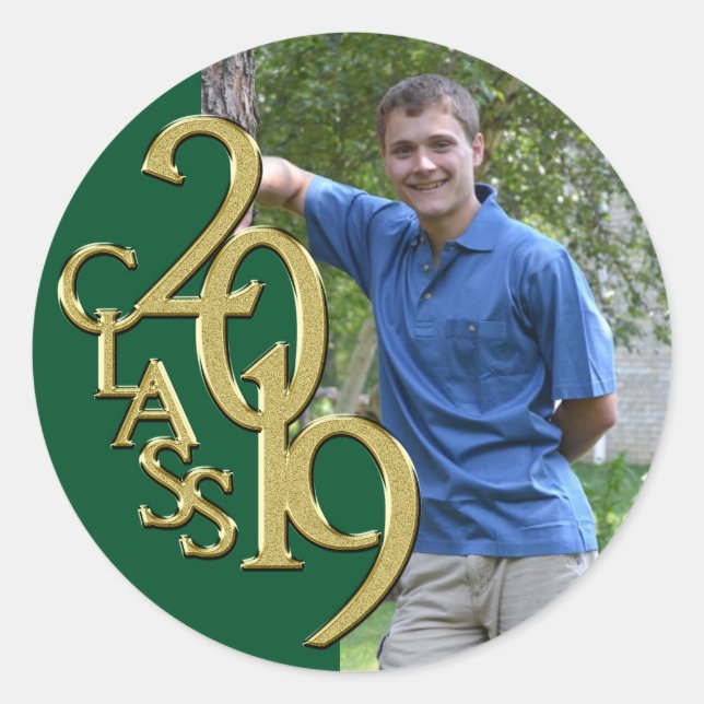 Green and Gold 2019 Graduation Class with Photo Classic Round Sticker (Front)