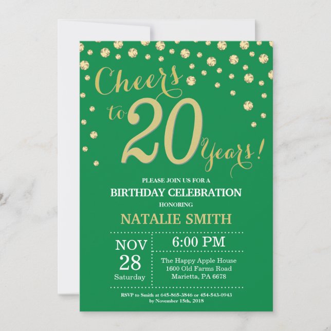 Green and Gold 20th Birthday Diamond Invitation (Front)