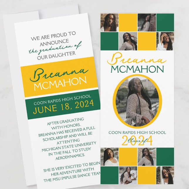 Green and Gold 9 Photo Graduation Announcement (Elegant 9 Photo Graduation Double Sided Announcements in White Gold Yellow and Green)