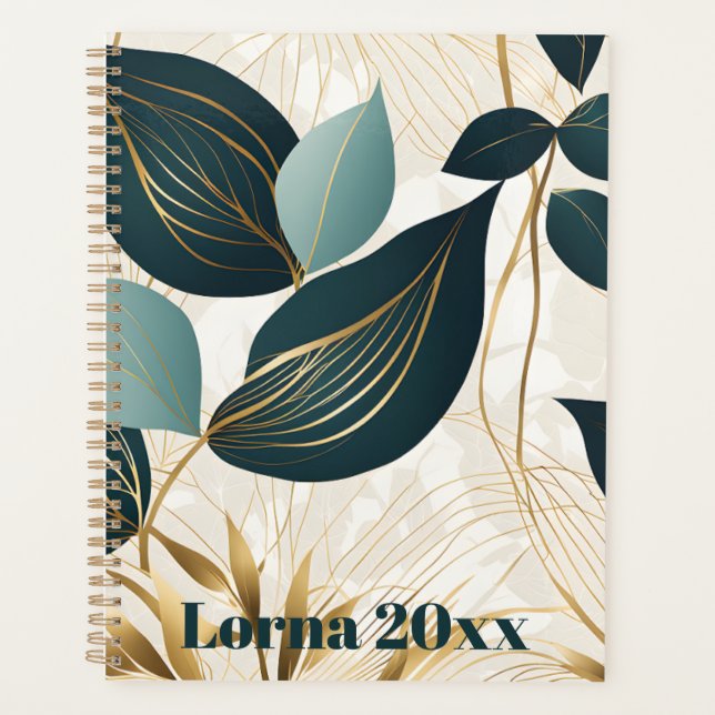 Green and Gold Abstract Leaves Planner (Front)