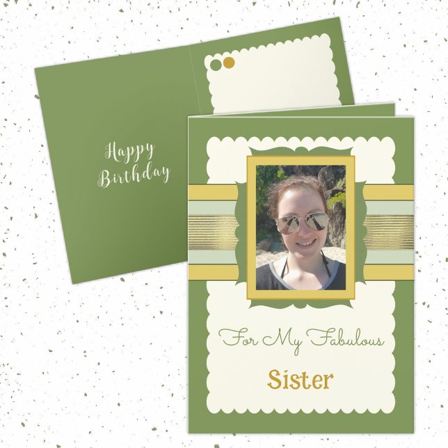 Green and gold add photo sister birthday card (Creator Uploaded)