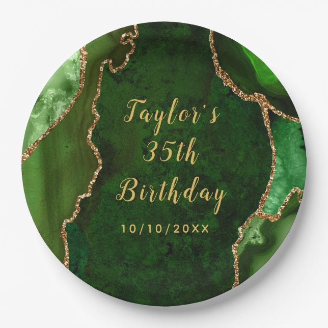 Green and Gold Agate Marble Birthday Paper Plate (Front)