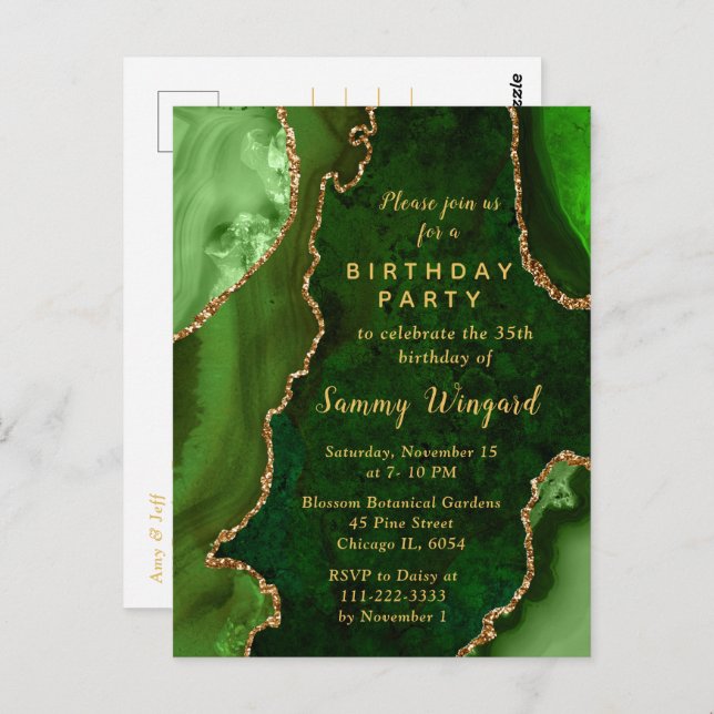 Green and Gold Agate Marble Birthday Party Postcard (Front/Back)