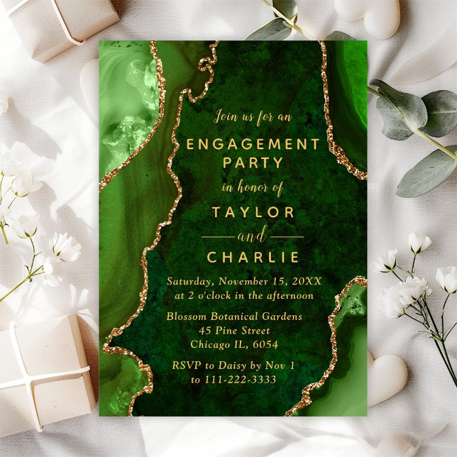 Green and Gold Agate Marble Engagement Party Invitation (Creator Uploaded)