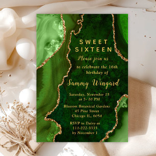Green and Gold Agate Marble Sweet Sixteen Invitation