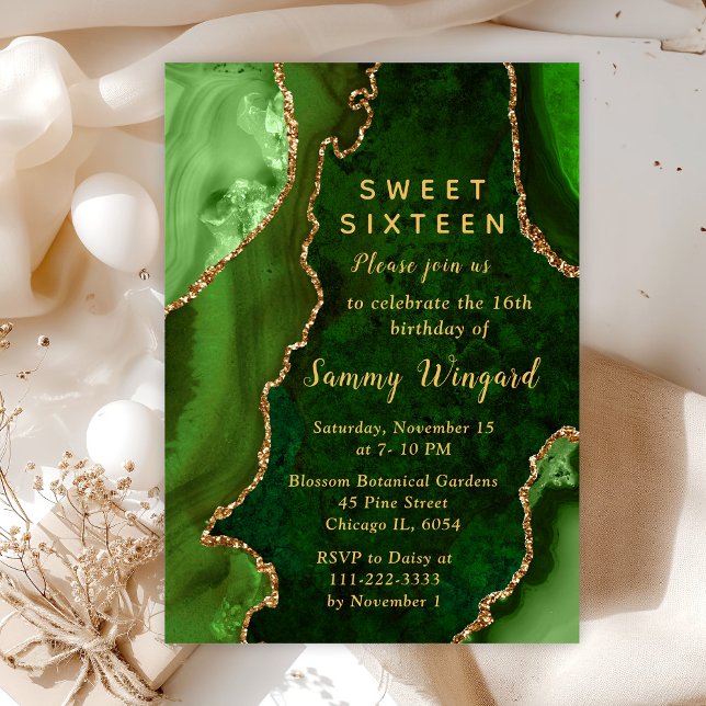 Green and Gold Agate Marble Sweet Sixteen Invitation (Creator Uploaded)