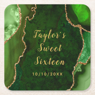 Green and Gold Agate Marble Sweet Sixteen Square Paper Coaster
