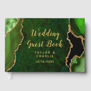 Green and Gold Agate Marble Wedding Guest Book