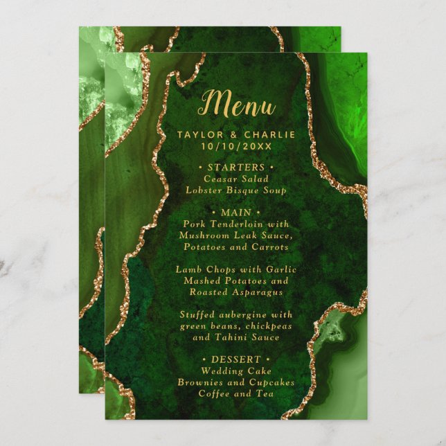 Green and Gold Agate Marble Wedding Menu (Front/Back)