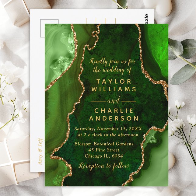 Green and Gold Agate Marble Wedding Postcard (Creator Uploaded)