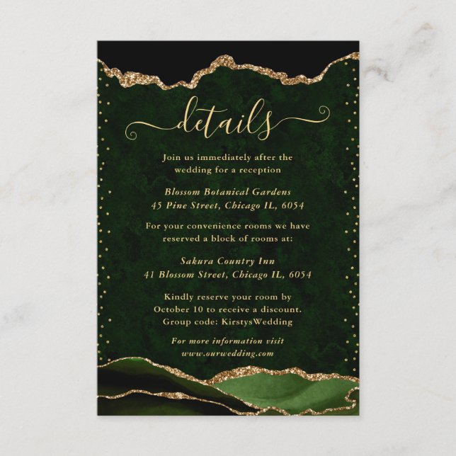 Green and Gold Agate Wedding Details Enclosure Card (Front)