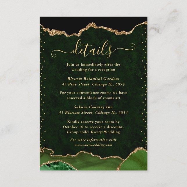 Green and Gold Agate Wedding Details Enclosure Card (Front)