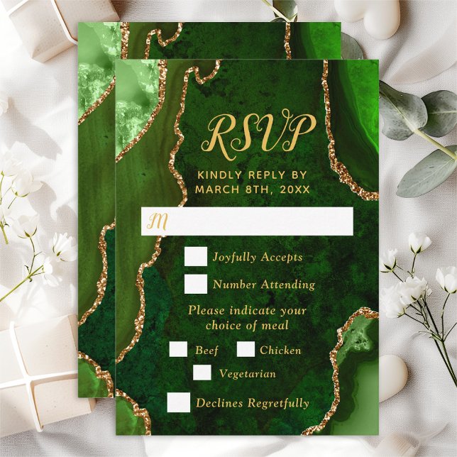 Green and Gold Agate Wedding Meal Choice RSVP Card (Creator Uploaded)