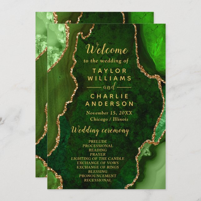 Green and Gold Agate Wedding Program Programme (Front/Back)