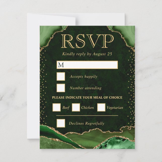 Green and Gold Agate Wedding RSVP Card (Front)