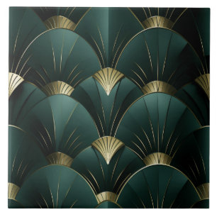 Green and Gold Art Deco Fan Pattern Tile