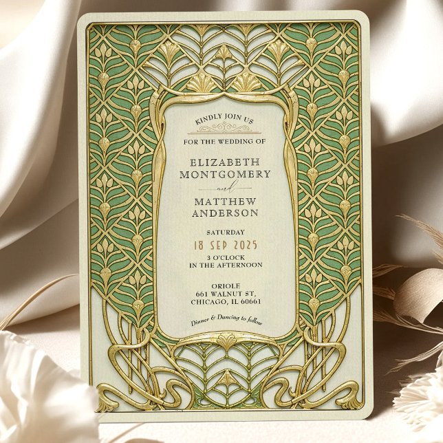 Green and Gold Art Deco Wedding Invitation (Creator Uploaded)