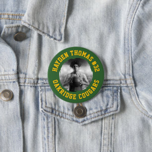 Green and Gold Athlete Name Jersey Number Photo 7.5 Cm Round Badge