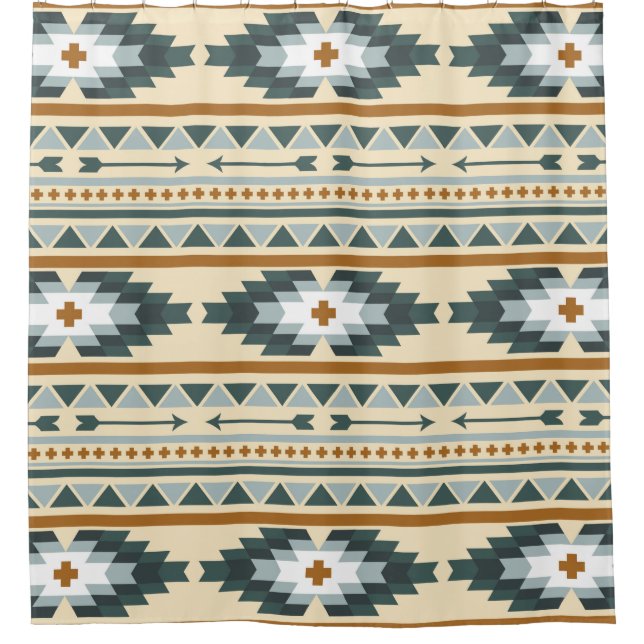 Green and Gold Aztec Tribal Pattern Shower Curtain (Front)