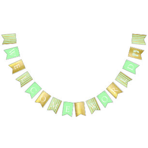 Green and Gold Baby Shower Welcome World Footprint Bunting
