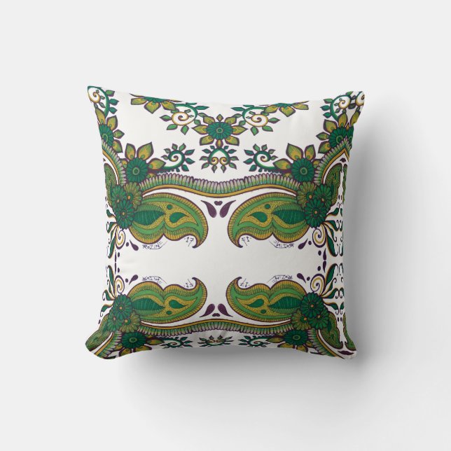 Green and Gold Boho Earthy Mandala Floral Pattern Cushion (Front)