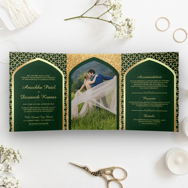 Green and Gold Bollywood Style Indian Wedding Tri-Fold Invitation (Creator Uploaded)