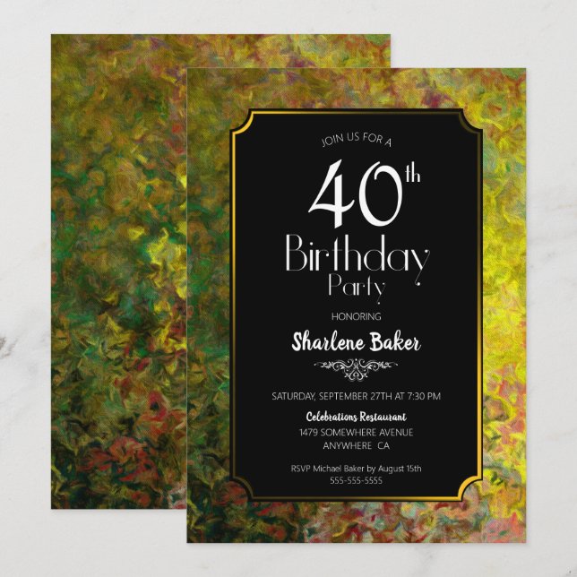 Green and Gold Border Black 40th Birthday Party Invitation (Front/Back)