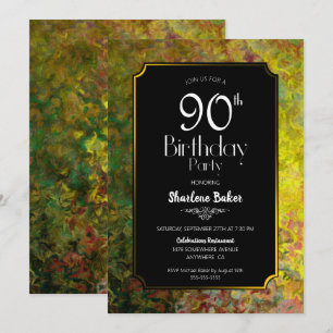 Green and Gold Border Black 90th Birthday Invitation