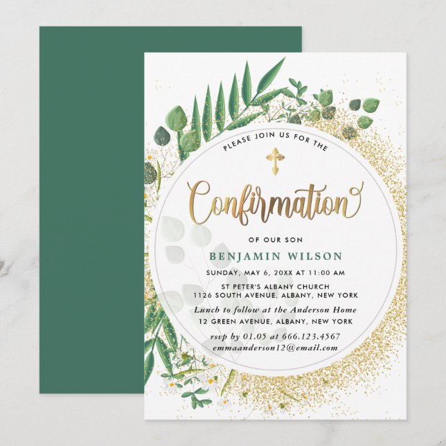 Green And Gold Botanical Confirmation Invitation (Front/Back)
