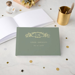 Green and Gold botanical crest monogram wedding Guest Book