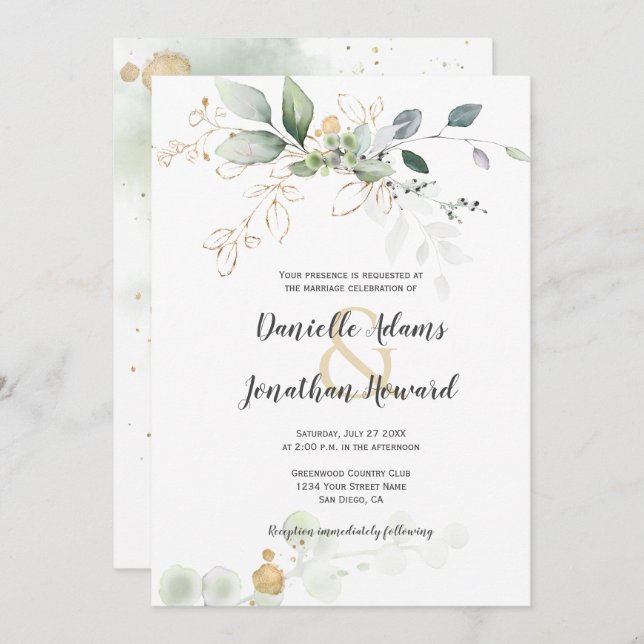 Green and Gold Botanicals Gold Sparkles Wedding Invitation (Front/Back)