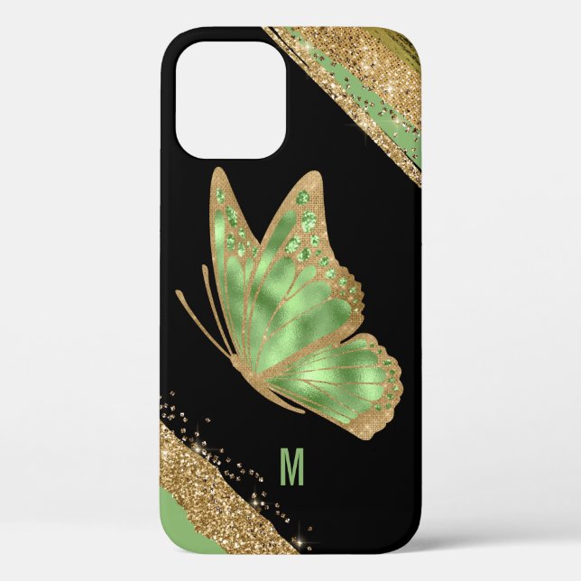 Green and Gold Butterfly Monogrammed  Case-Mate iPhone Case (Back)