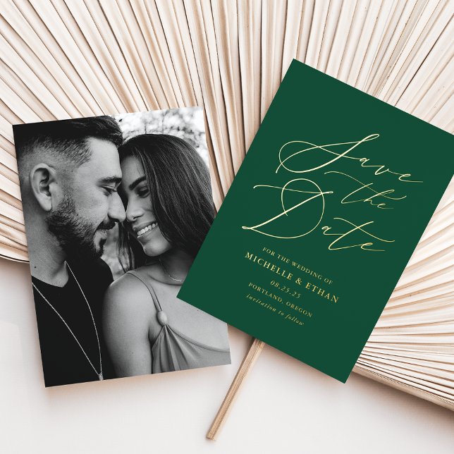 Green and Gold Calligraphy Photo Save the Date (Creator Uploaded)