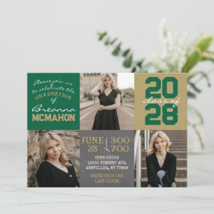 Green and Gold Chalkboard 3 Photo Graduation Invitation