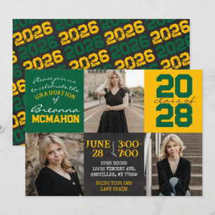 Green and Gold Chalkboard 3 Photo Graduation Invitation