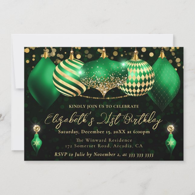 Green and Gold Christmas Baubles 21st Birthday Invitation (Front)