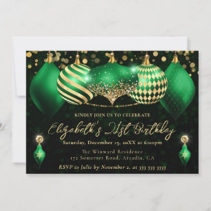 Green and Gold Christmas Baubles 21st Birthday Invitation