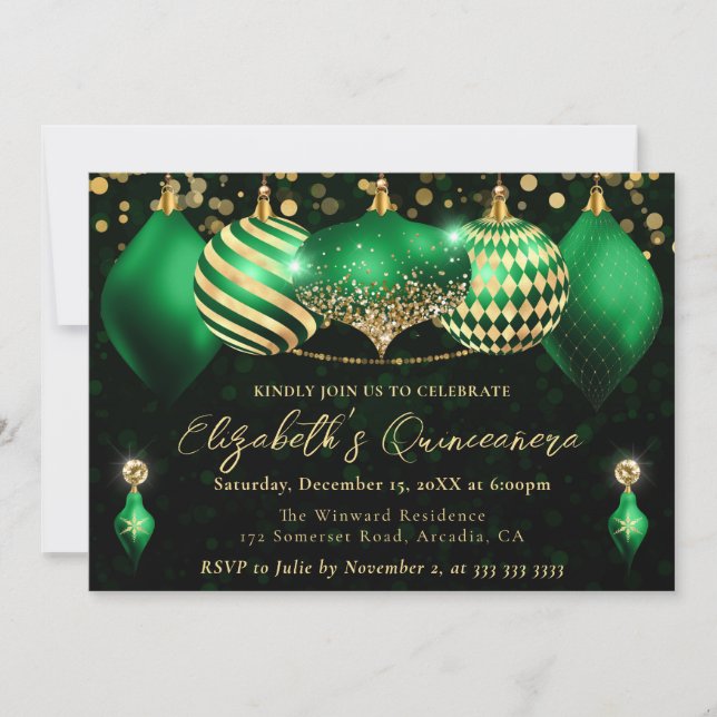 Green and Gold Christmas Baubles Quinceanera Invitation (Front)