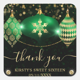 Green and Gold Christmas Baubles Sweet Sixteen Square Sticker