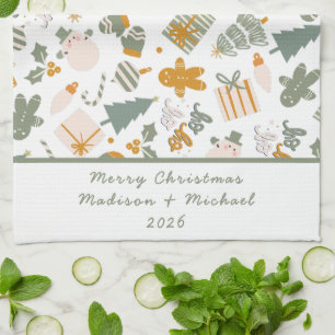 Green And Gold Christmas Holiday Party Tea Towel