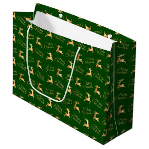 Green and Gold Christmas Reindeers Large Gift Bag